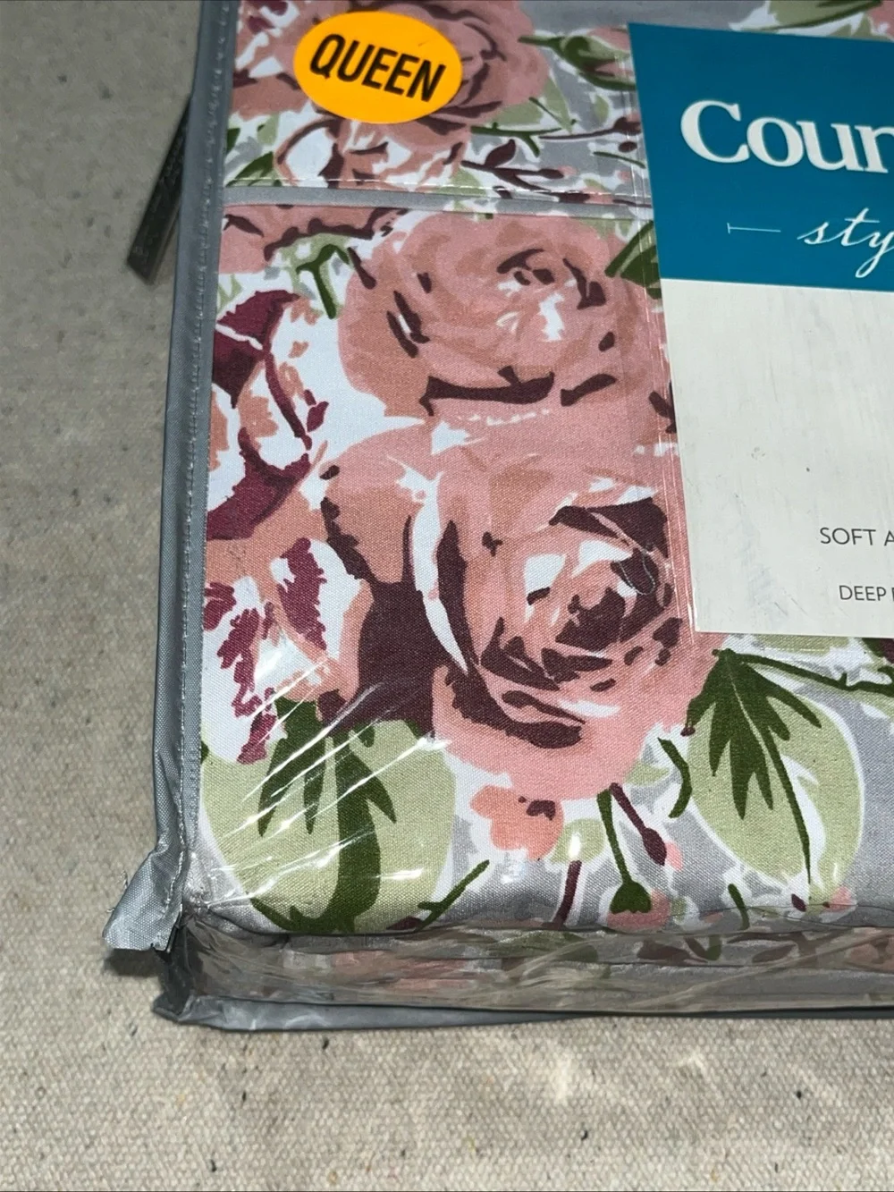 Country Living Queen Size Microfiber Sheet Set Pink Floral on Gray 4 pieces New